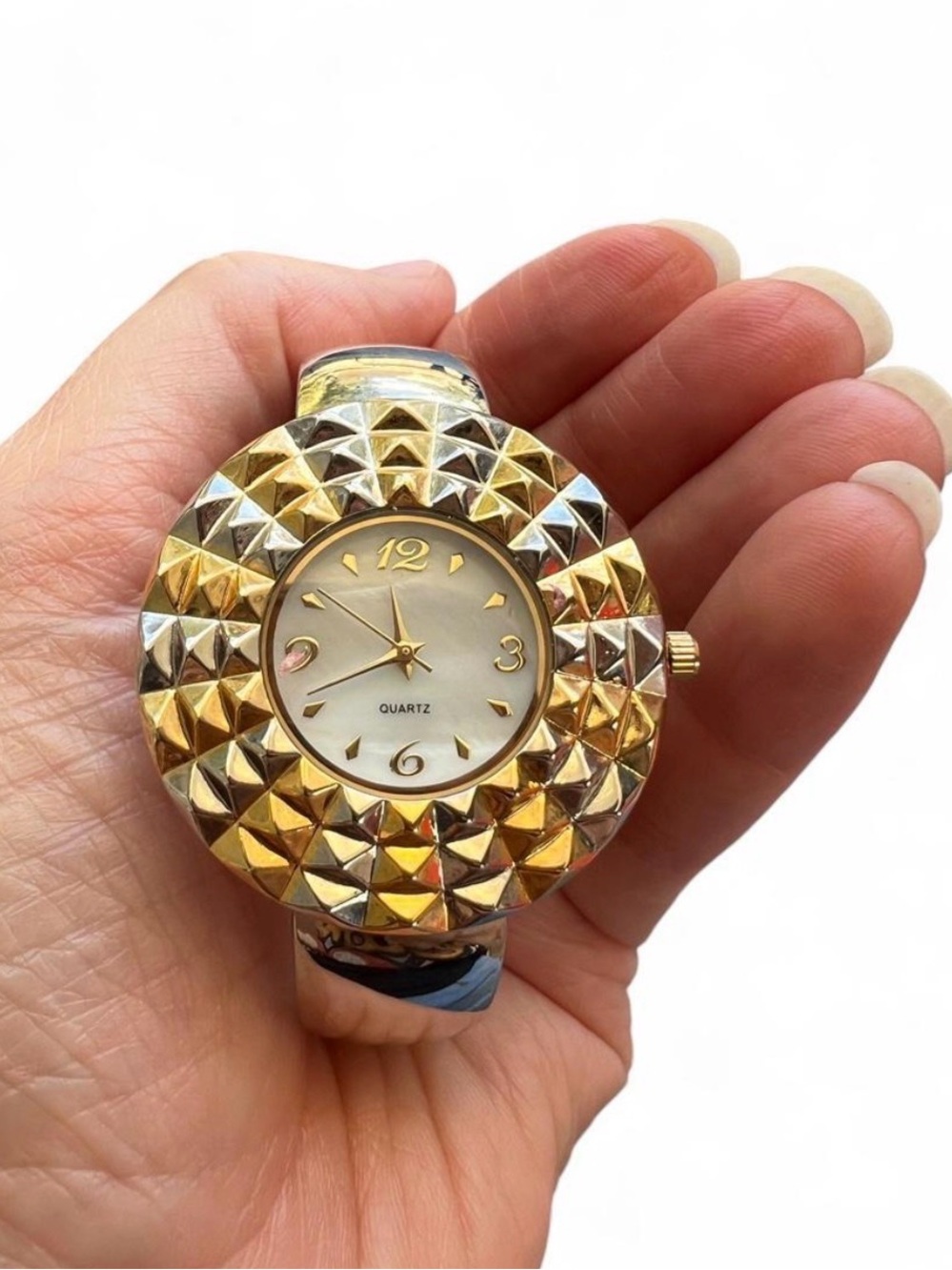 Stylish Gold and Silver Pyramid-Textured Quartz Watch